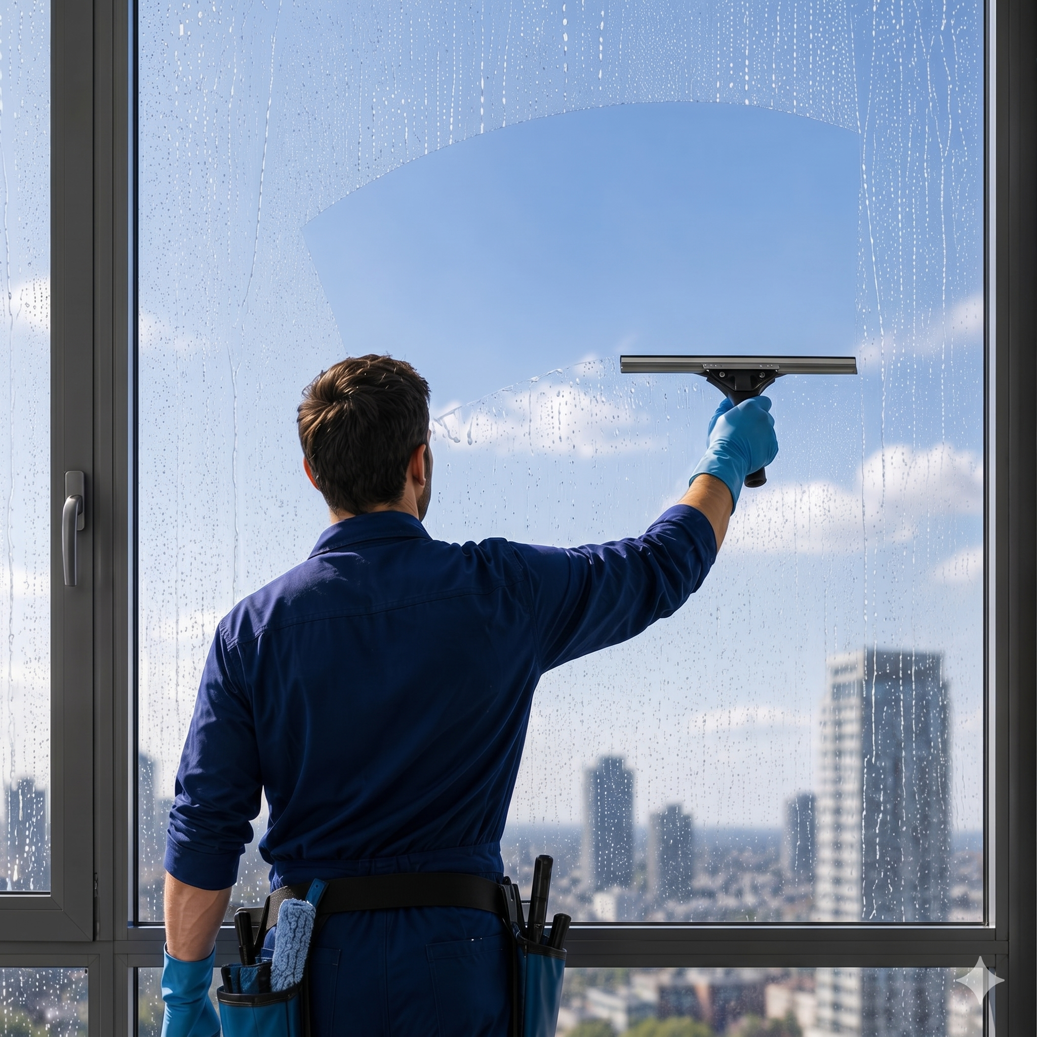 Ein professioneller Glasreiniger in blauer Arbeitskleidung steht auf einer Hängeplattform und reinigt die Fenster eines Wolkenkratzers mit einem Abzieher, im Hintergrund eine moderne Stadtlandschaft bei Tag.