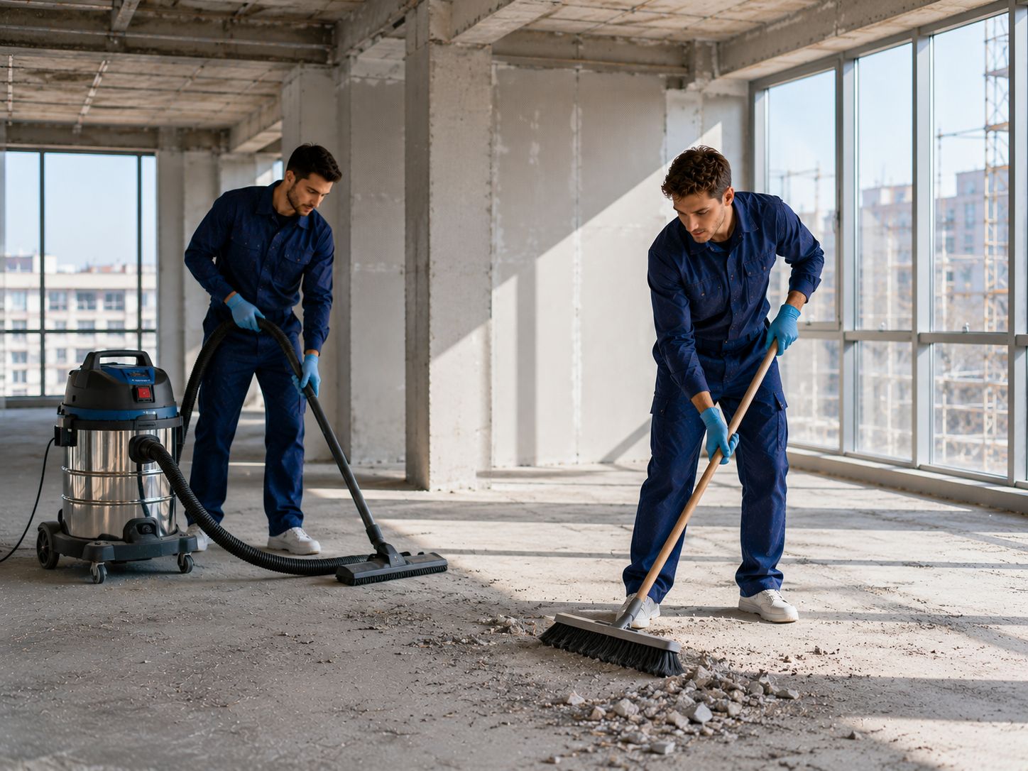 Professionelle Baureinigung und Bauendreinigung nach Renovierungsarbeiten auf einer Baustelle.