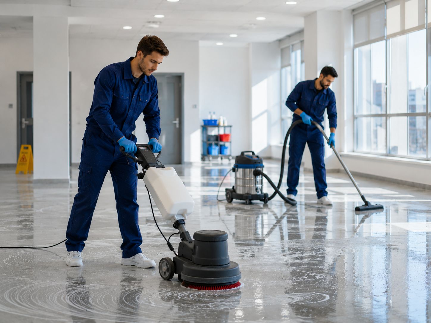 Professionelle Büroreinigung und Gewerbereinigung – Reinigungskraft wischt einen Schreibtisch.