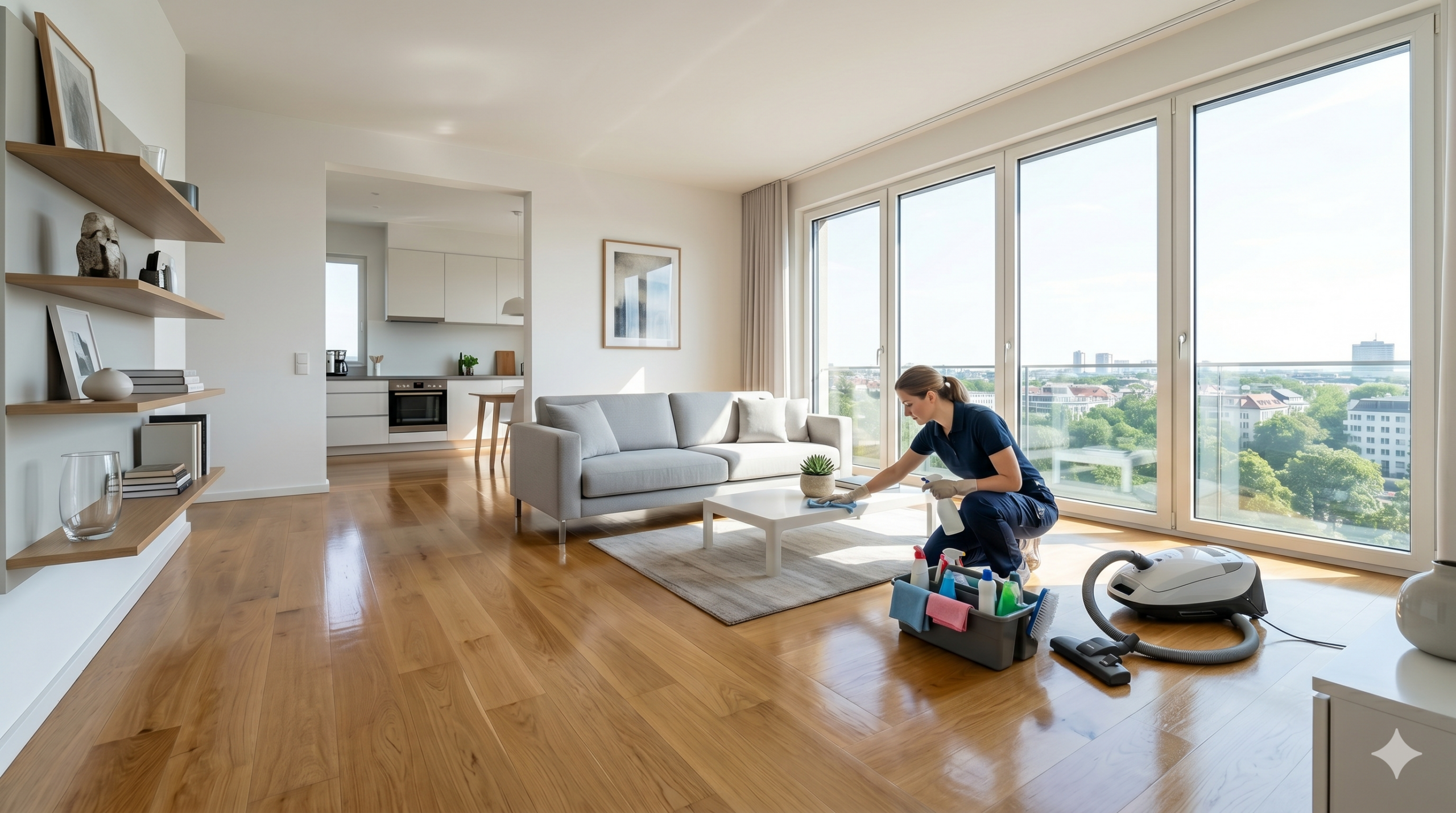 Eine perfekt gereinigte, helle Wohnung mit glänzenden Parkettböden und sauber gewischten Oberflächen im modernen Design.