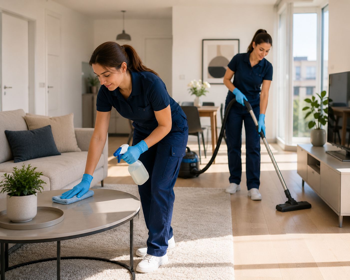 Professionelle Wohnungsreinigung – Reinigungskraft saugt das Wohnzimmer.